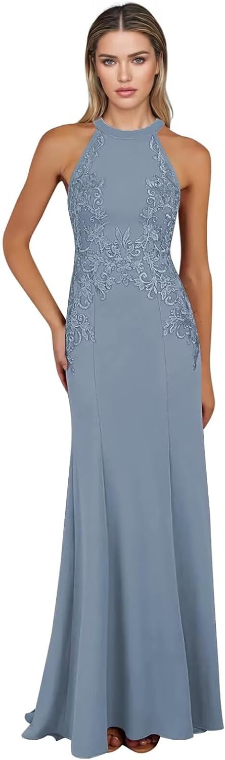 Mermaid Mother of The Bride Dresses Long Chiffon Halter Lace Formal Evening Gowns for Wedding Guest JH046 Dusty Rose