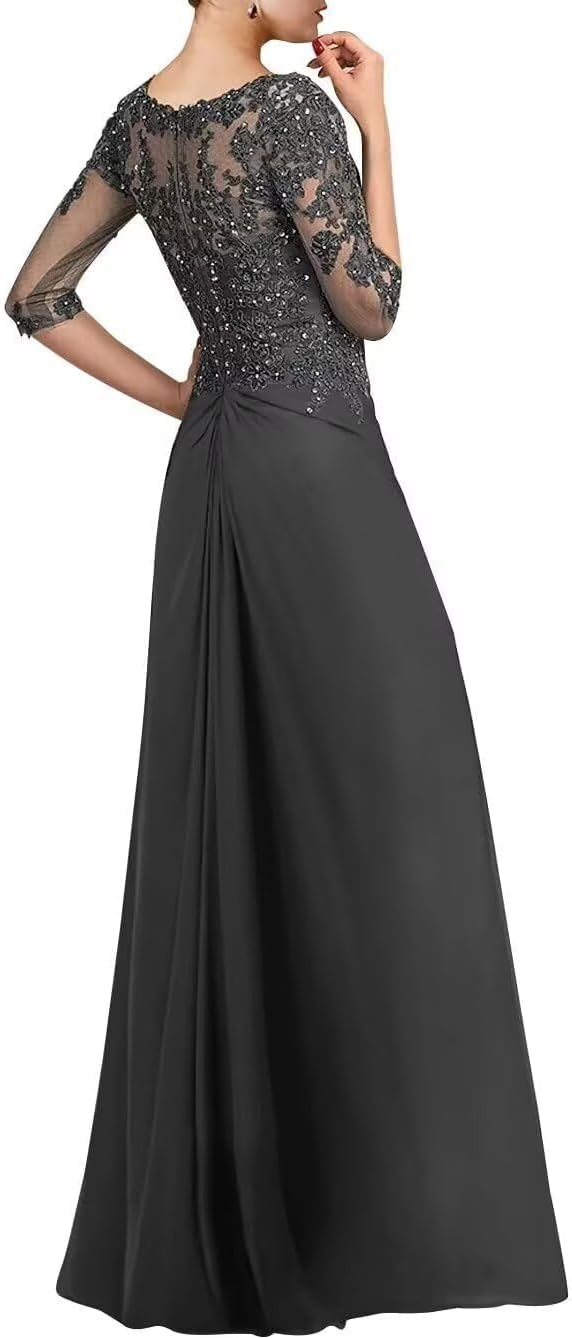 Mermaid Mother of The Bride Dresses 3/4 Sleeves Chiffon Beaded Formal Evening Gowns with Train JH024 Grey