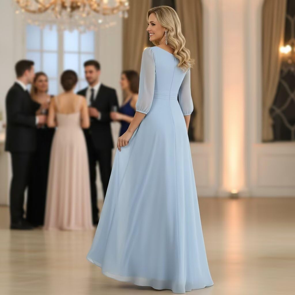 Dusty Blue Chiffon Long Mother of The Bride Dresses 3/4 Sleeve V Neck Ruffle A Line Formal Evening Gown WT019 2