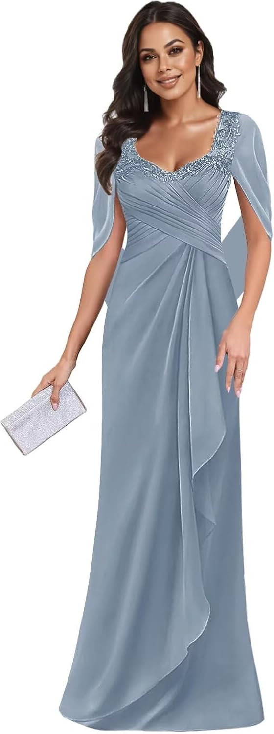 Mother of The Bride Dresses for Wedding Long Mermaid Ruched Chiffon Lace Formal Evening Gown with Cape JH030 Dusty Blue