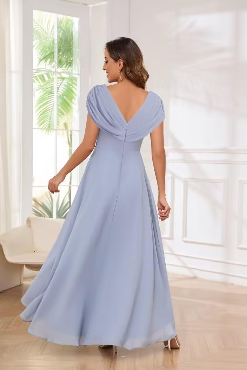 Chiffon Mother of The Bride Dress V-Neck Beading Sleeveless High Low Formal Evening Gowns for Wedding JH027 Dusty Blue