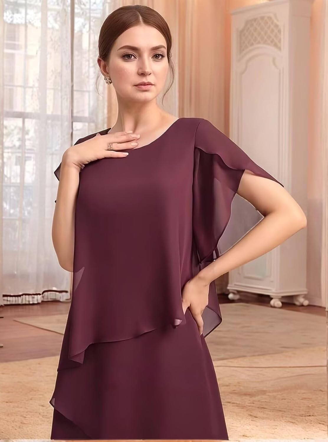 Chiffon Mother of The Bride Dresses for Wedding Guest Tea Length Tiered Formal Evening Gowns with Sleeves JH031