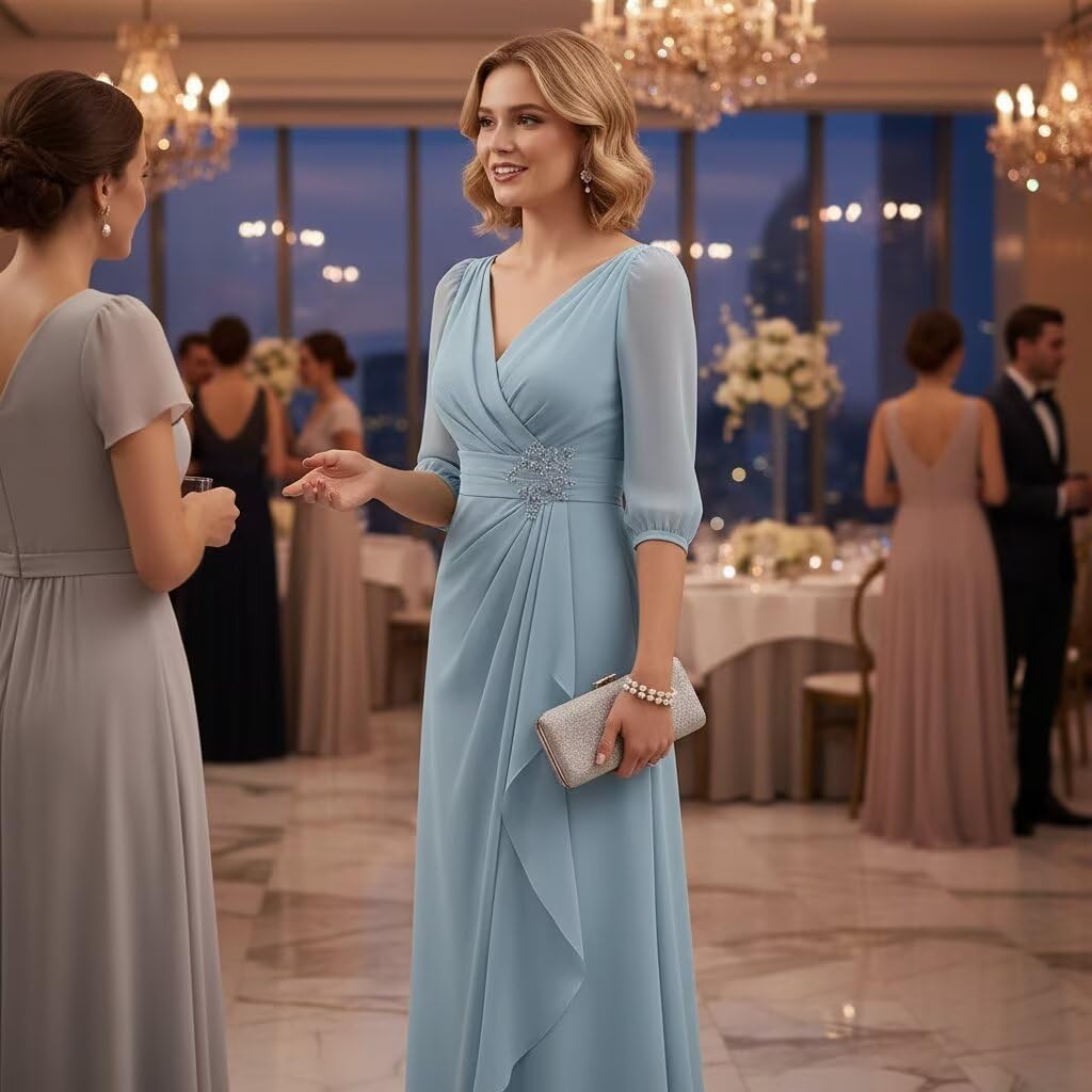 Dusty Blue Chiffon Long Mother of The Bride Dresses 3/4 Sleeve V Neck Ruffle A Line Formal Evening Gown WT019 2