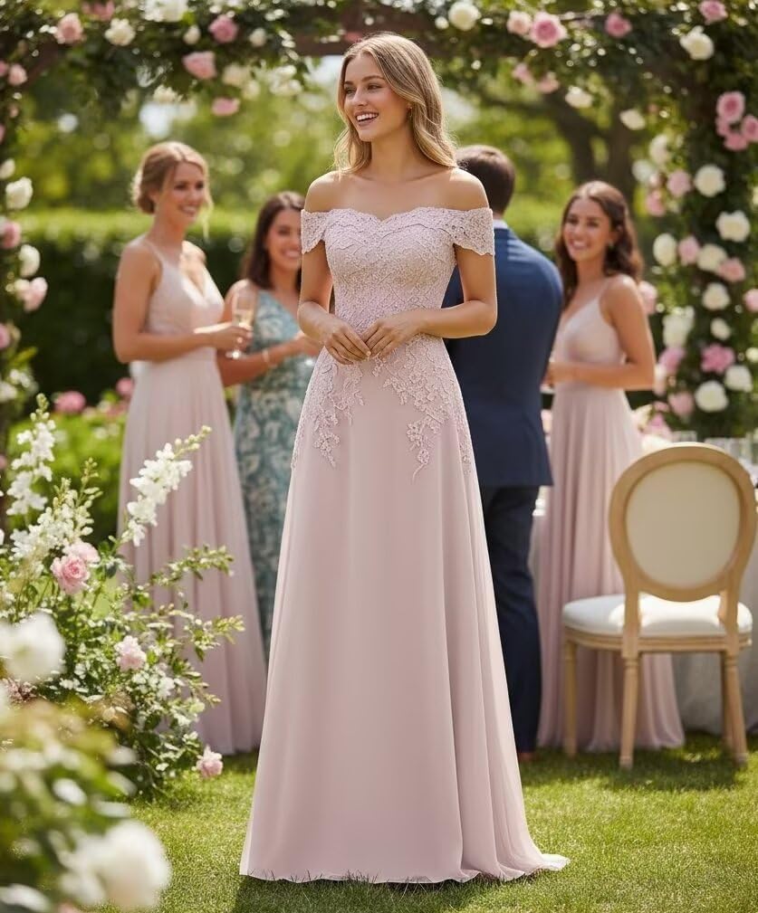 Dusty Blue Chiffon Mother of The Bride Dresses Long Lace Applique Off the Shoulder Formal Evening Gowns WT025 2