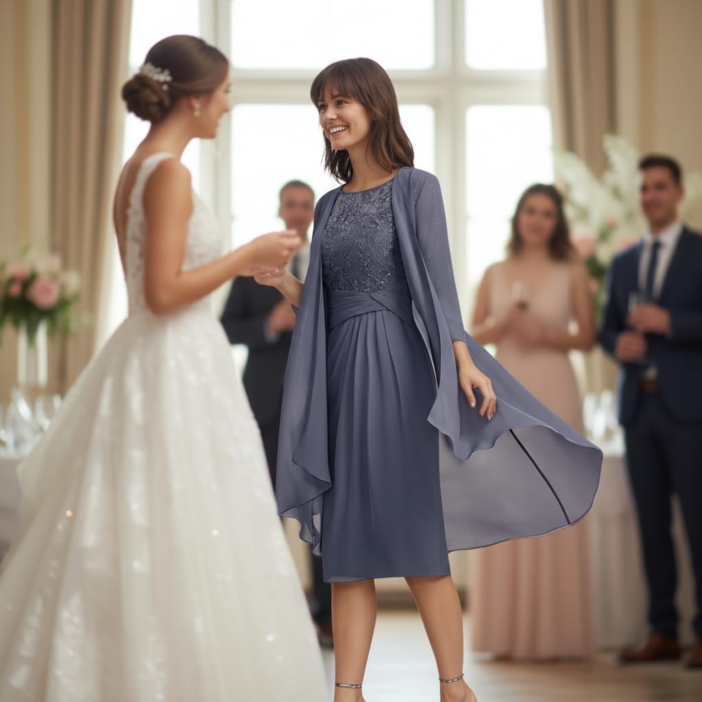 Purple Grey 2 Pieces Mother of The Bride Dresses Lace Applique Chiffon Formal Wedding Guest Dress with Jacket WT003 2