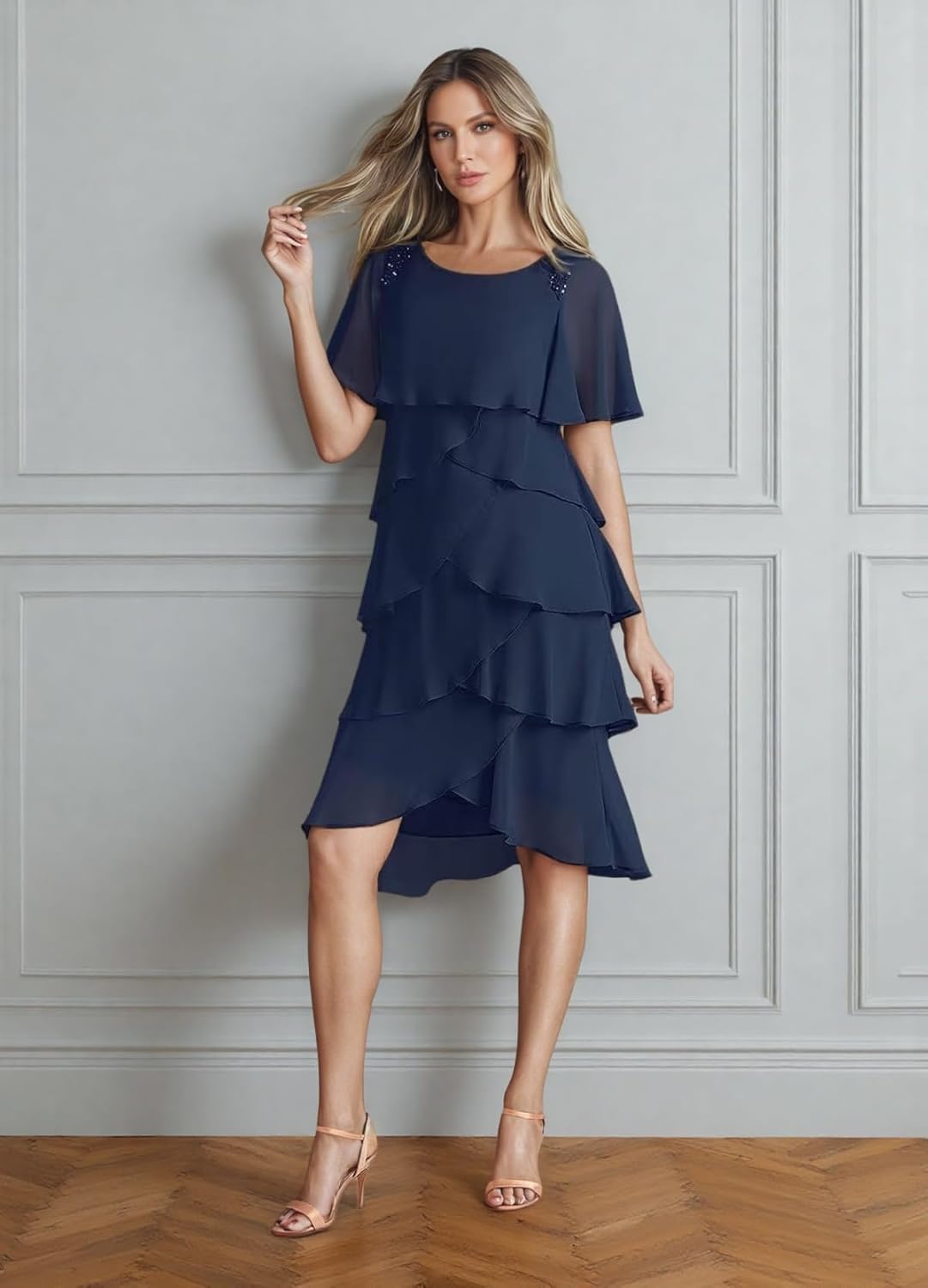 Tea Length Mother of The Bride Dresses for Wedding Guest Chiffon Tiered Evening Gowns with Sleeves JH035 Teal