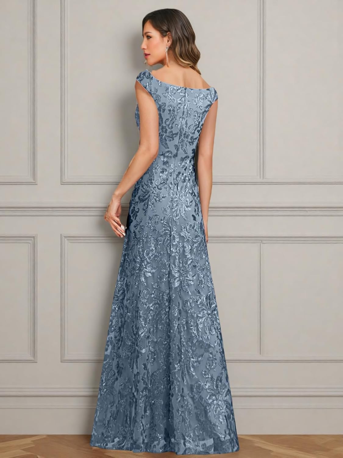 Sequin Mother of The Bride Dresses for Wedding Guest Off The Shoulder Evening Formal Dress JH037 Dusty Blue
