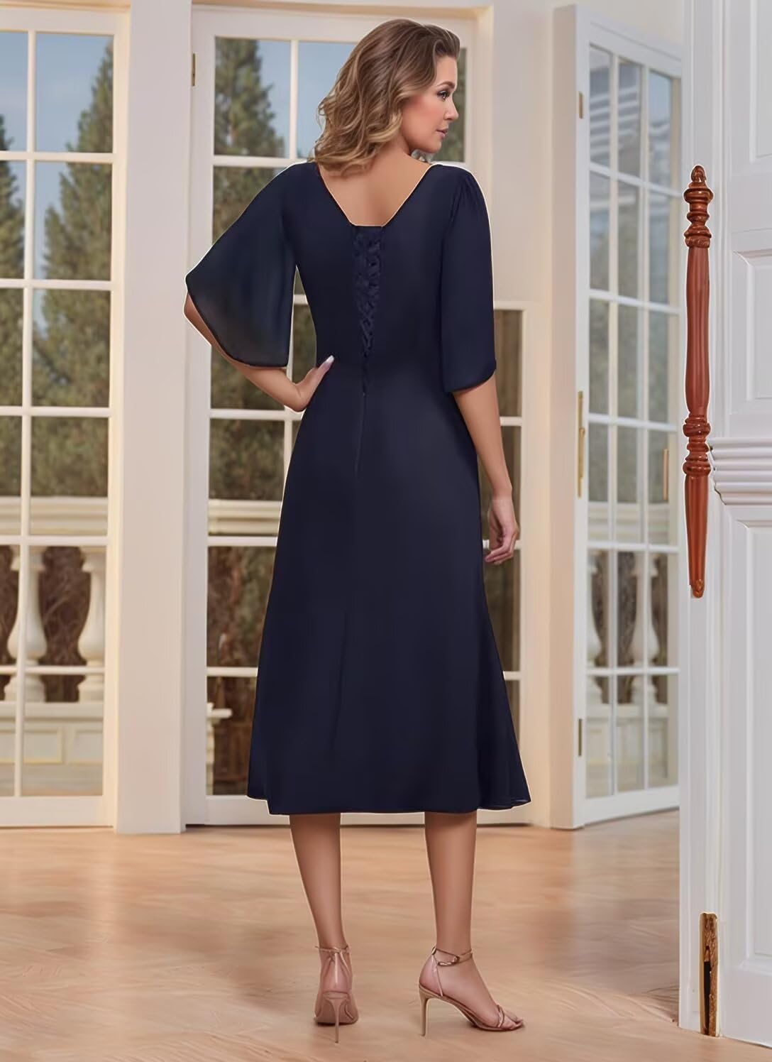 Tea Length Mother of The Bride Dresses for Wedding Chiffon Pleats Short Formal Evening Party Gown JH033 Navy Blue