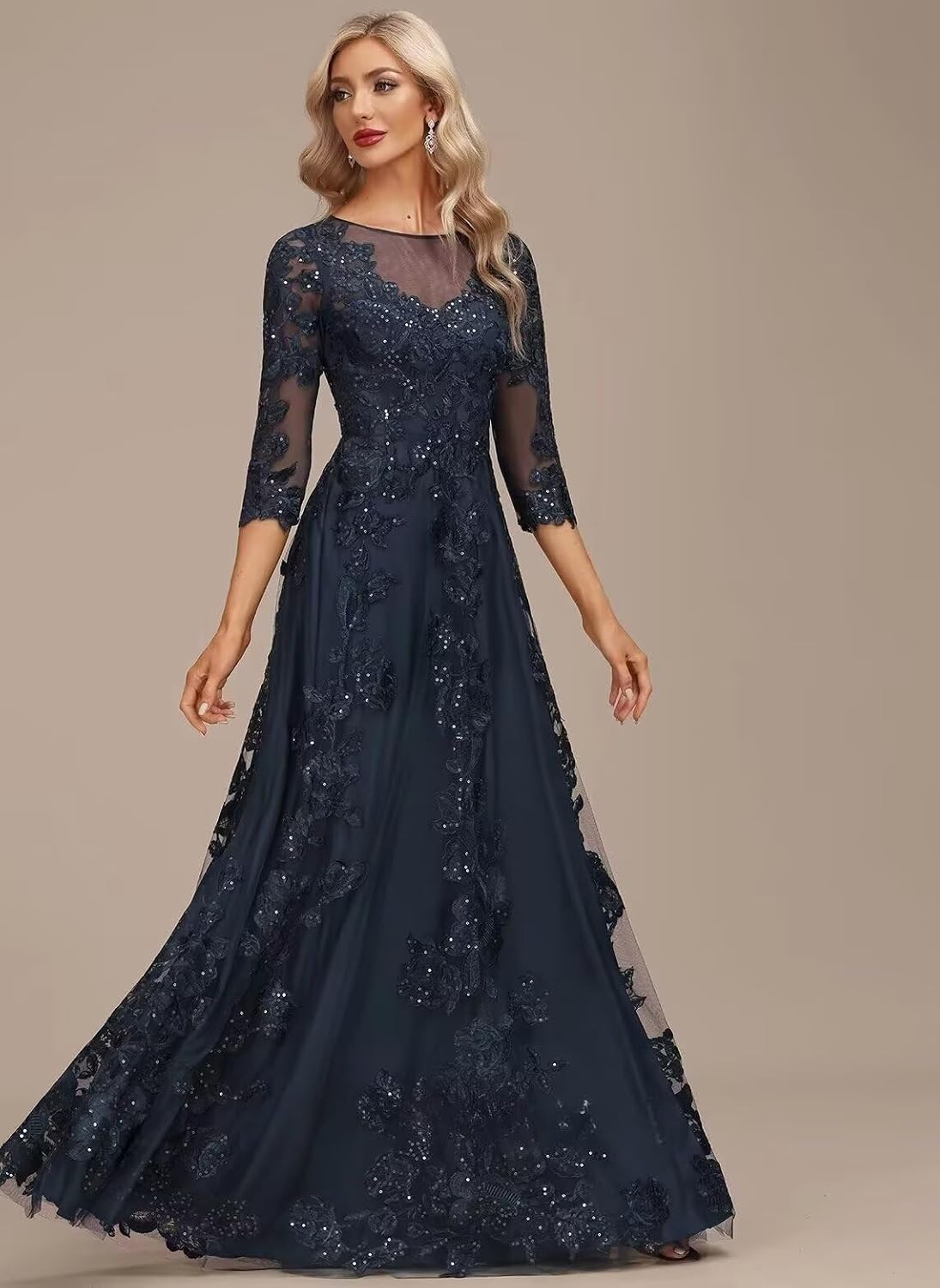 Lace Mother of the Bride Dress Long for Wedding Party Guest 3/4 Sleeves Formal Evening Gown JH028 Navy Blue