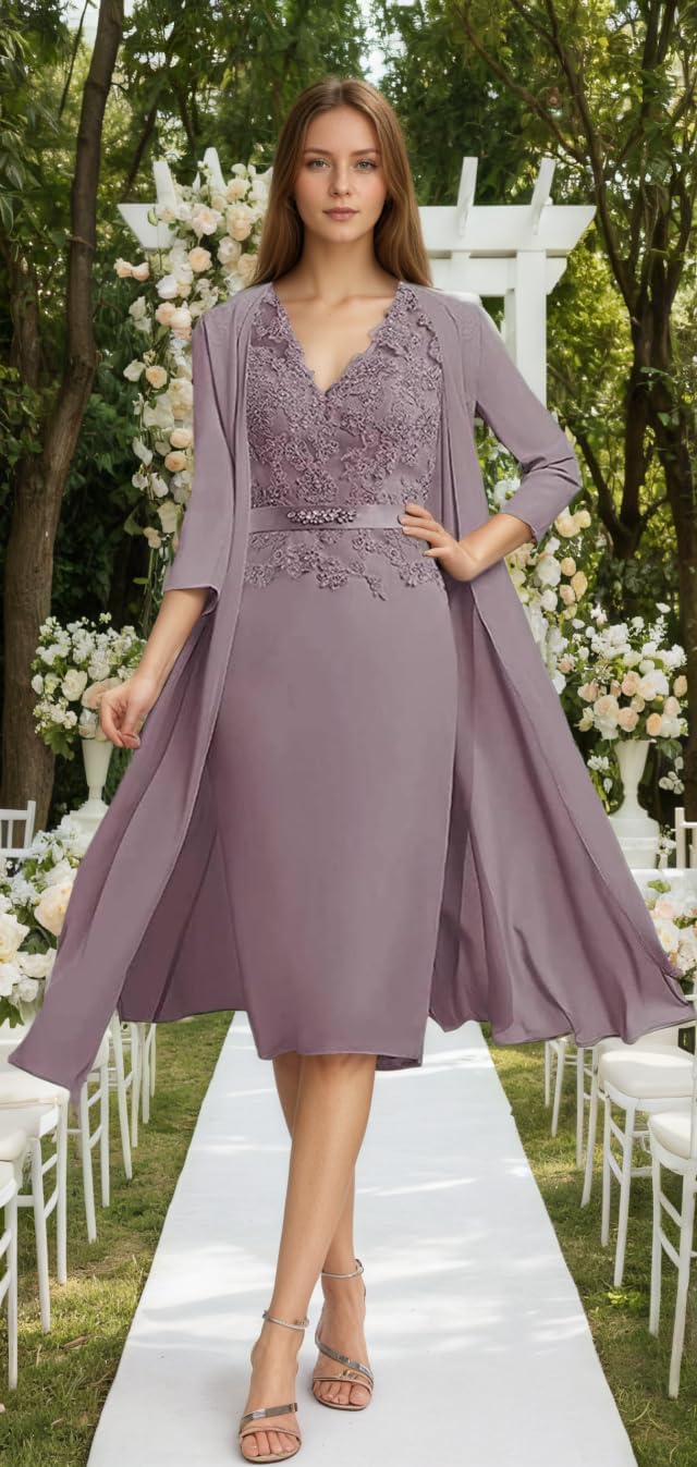 2 Piece Chiffon Mother of The Bride Dresses V Neck Lace Formal Evening Dress with Jacket WT005 Mauve