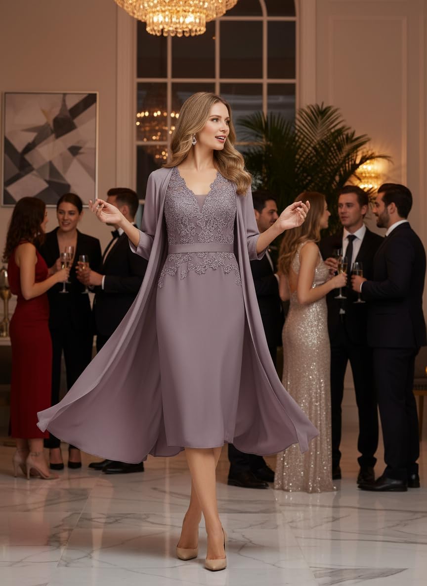 2 Piece Chiffon Mother of The Bride Dresses V Neck Lace Formal Evening Dress with Jacket WT005 Mauve