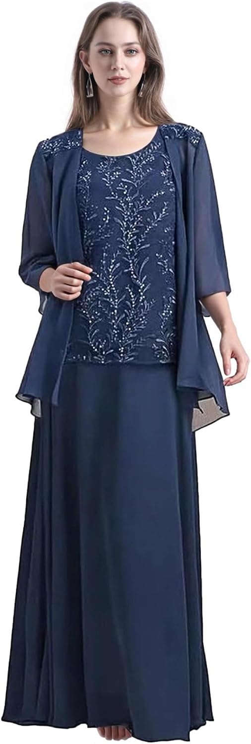 2 Pieces Mother of The Bride Dresses with Jackets for Wedding Sequin Chiffon Formal Evening Gowns JH050 Dusty Blue