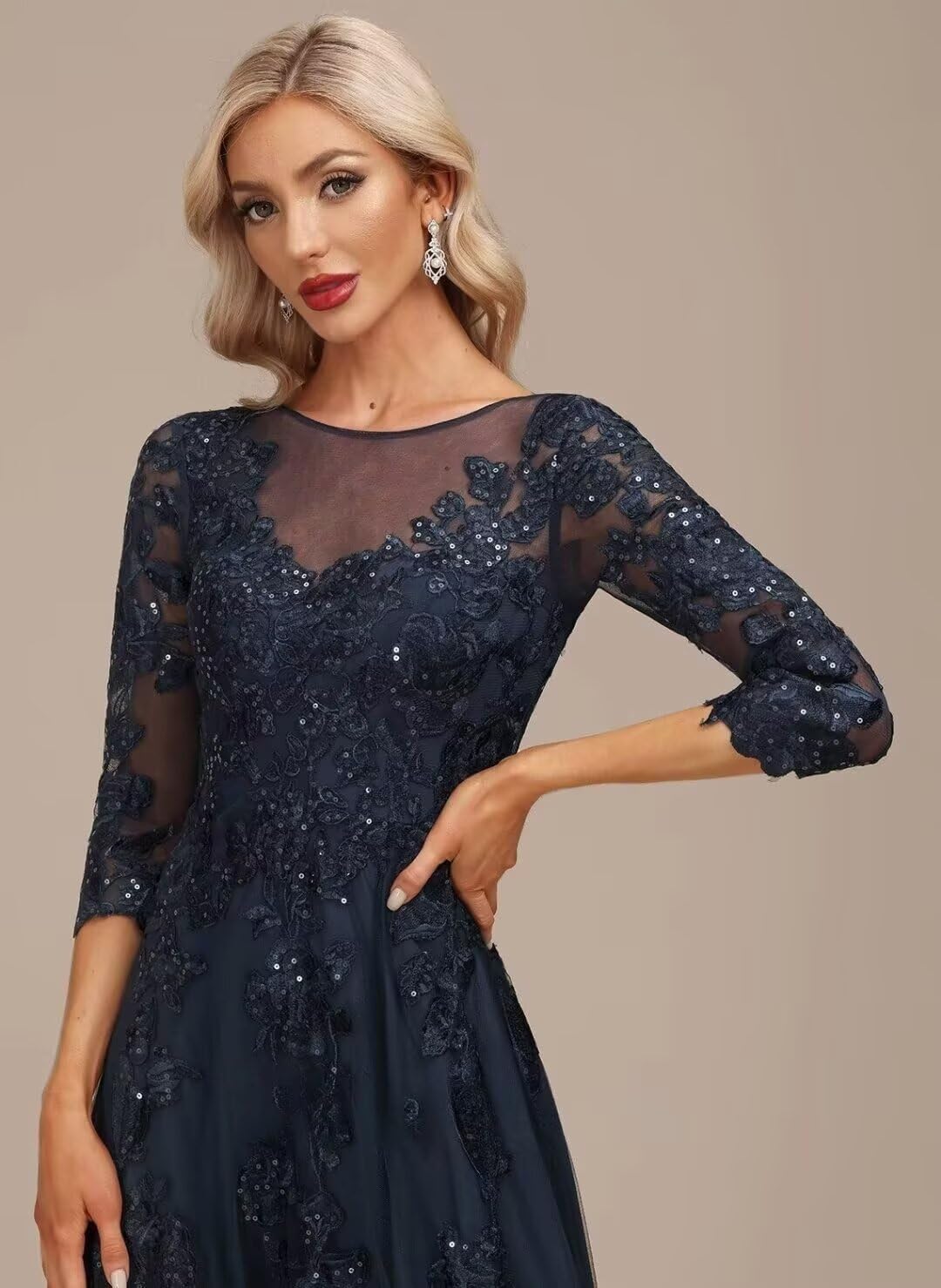 Lace Mother of the Bride Dress Long for Wedding Party Guest 3/4 Sleeves Formal Evening Gown JH028 Navy Blue
