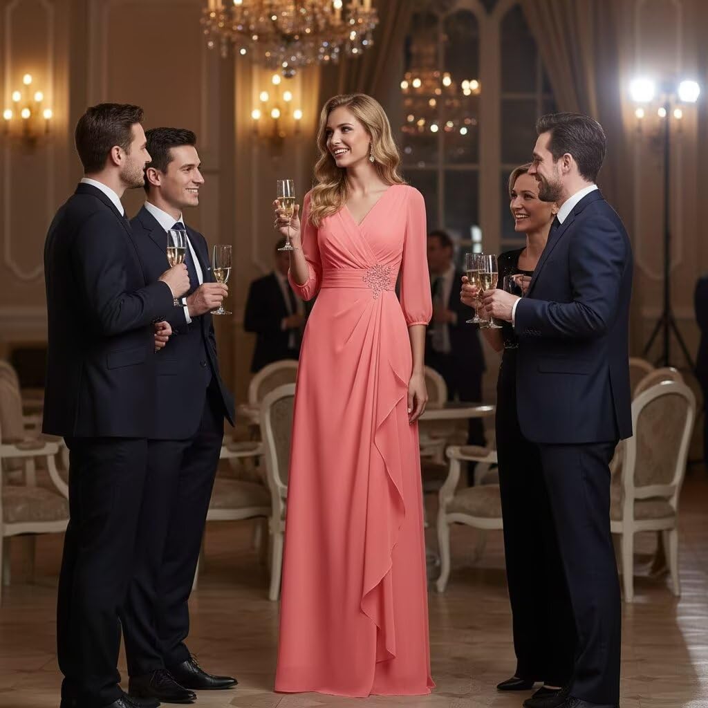 Dusty Blue Chiffon Long Mother of The Bride Dresses 3/4 Sleeve V Neck Ruffle A Line Formal Evening Gown WT019 2