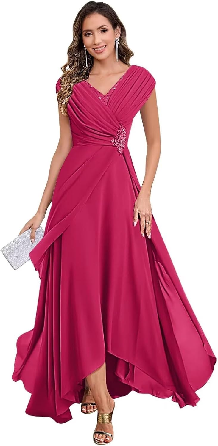 Chiffon Mother of The Bride Dress V-Neck Beading Sleeveless High Low Formal Evening Gowns for Wedding JH027 Dusty Blue