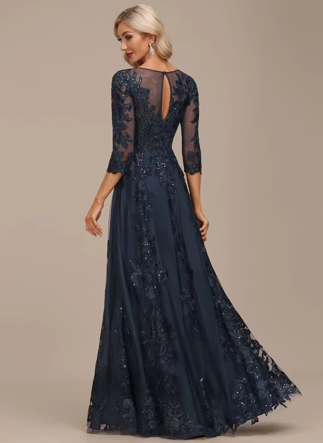 Lace Mother of the Bride Dress Long for Wedding Party Guest 3/4 Sleeves Formal Evening Gown JH028 Navy Blue