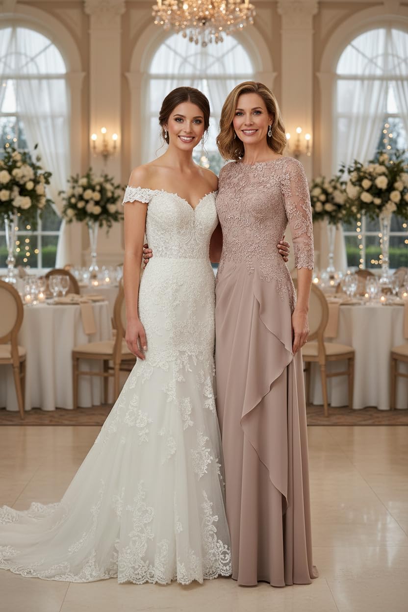 Long Mother of The Bride Dresses for Wedding 3/4 Sleeve Chiffon Lace Applique Ruffles Formal Evening Gown WT007 Taupe