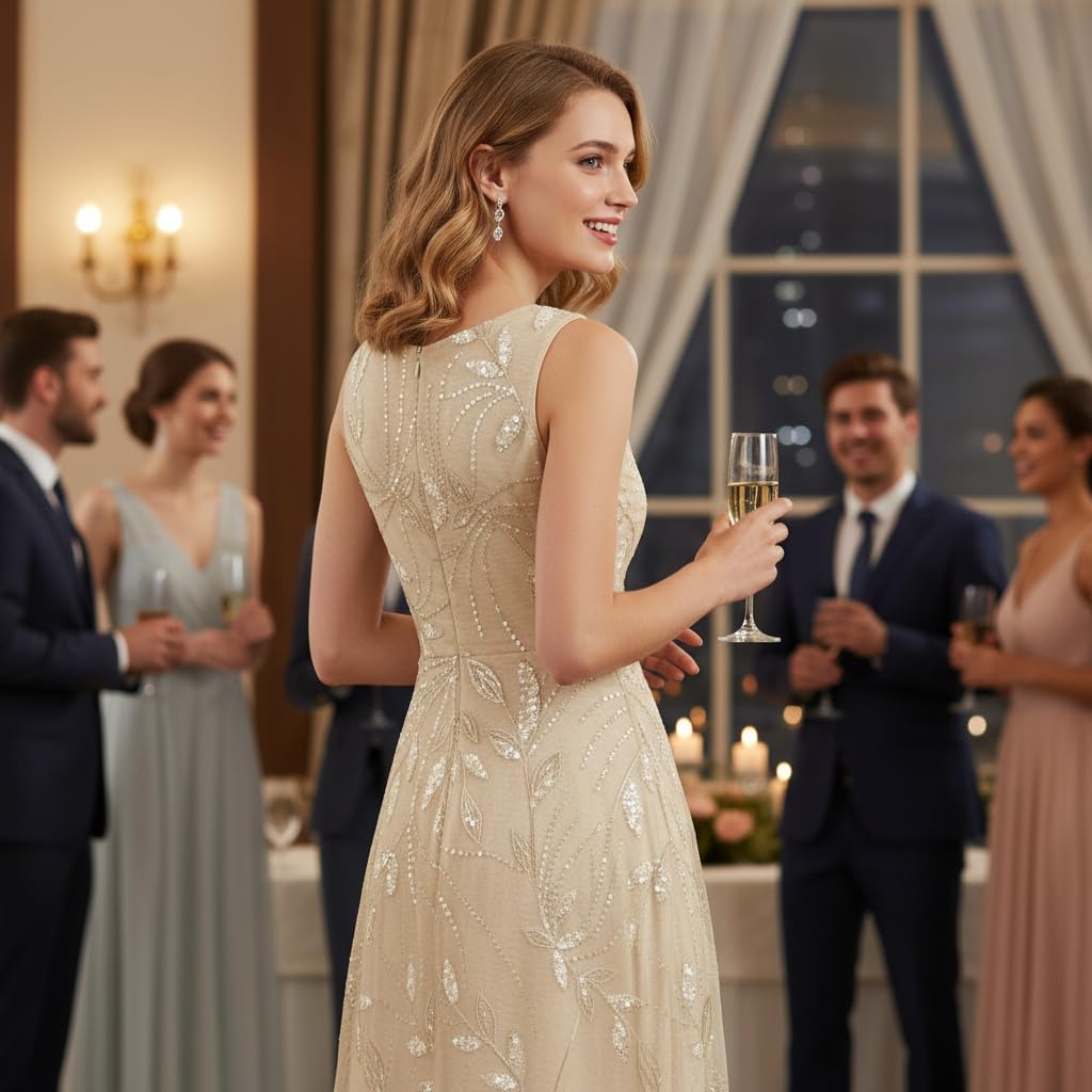 Champagne 2 Piece Sequin Mother of Bride Dresses with Jackets Chiffon V Neck Tea Length A-Line Formal Evening Dress WT001 2