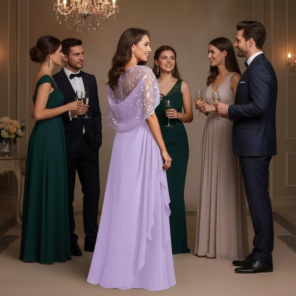 Navy Blue Chiffon Mother of The Bride Dress Laces Appliques Cape Sleeve Long Ruffle Formal Evening Dress WT018 2