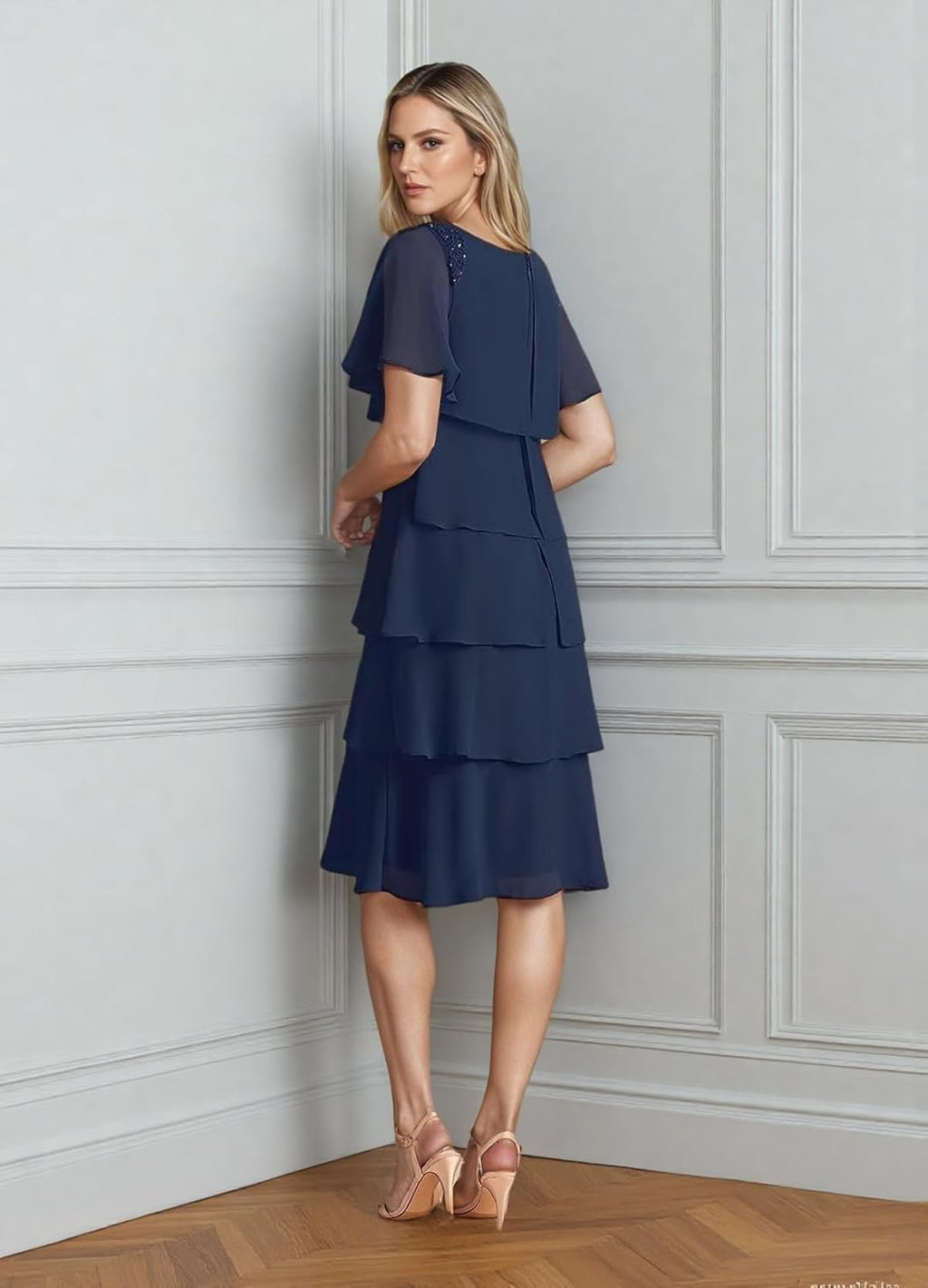 Tea Length Mother of The Bride Dresses for Wedding Guest Chiffon Tiered Evening Gowns with Sleeves JH035 Teal