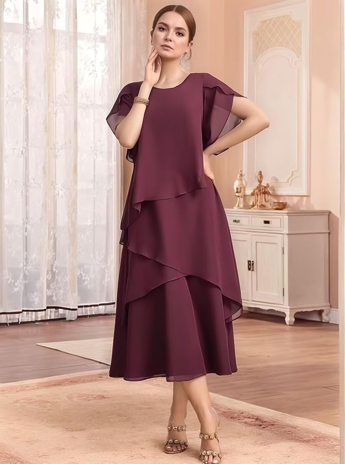 Chiffon Mother of The Bride Dresses for Wedding Guest Tea Length Tiered Formal Evening Gowns with Sleeves JH031