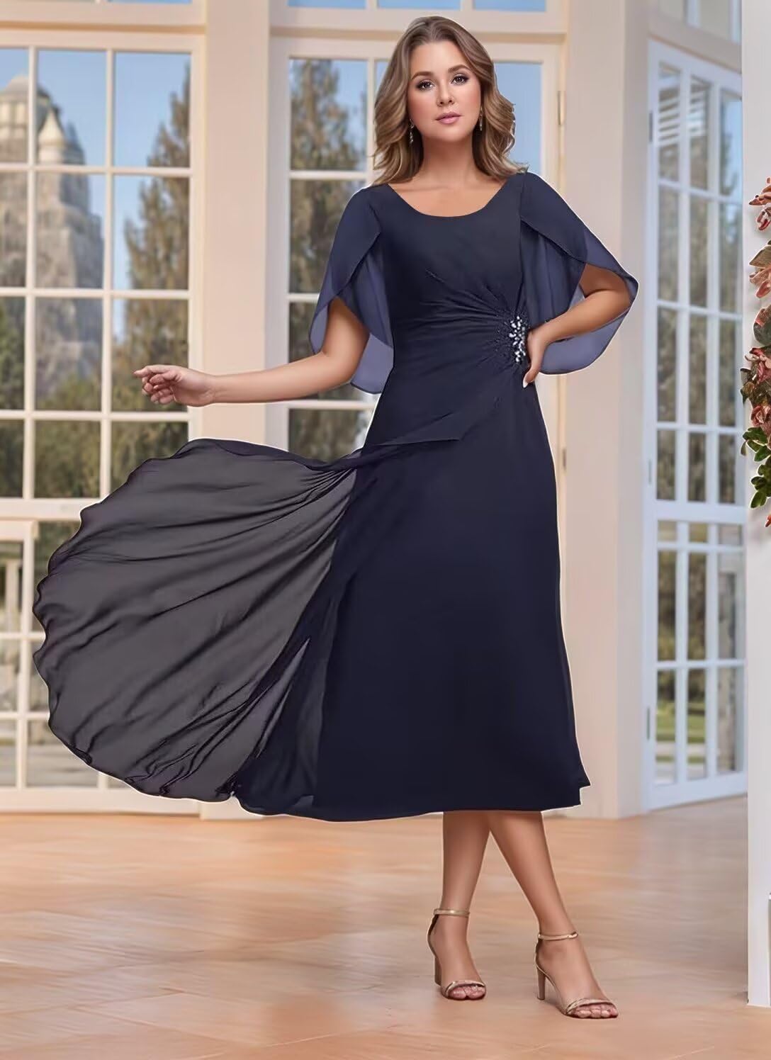 Tea Length Mother of The Bride Dresses for Wedding Chiffon Pleats Short Formal Evening Party Gown JH033 Navy Blue