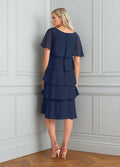 Tea Length Mother of The Bride Dresses for Wedding Guest Chiffon Tiered Evening Gowns with Sleeves JH035 Teal