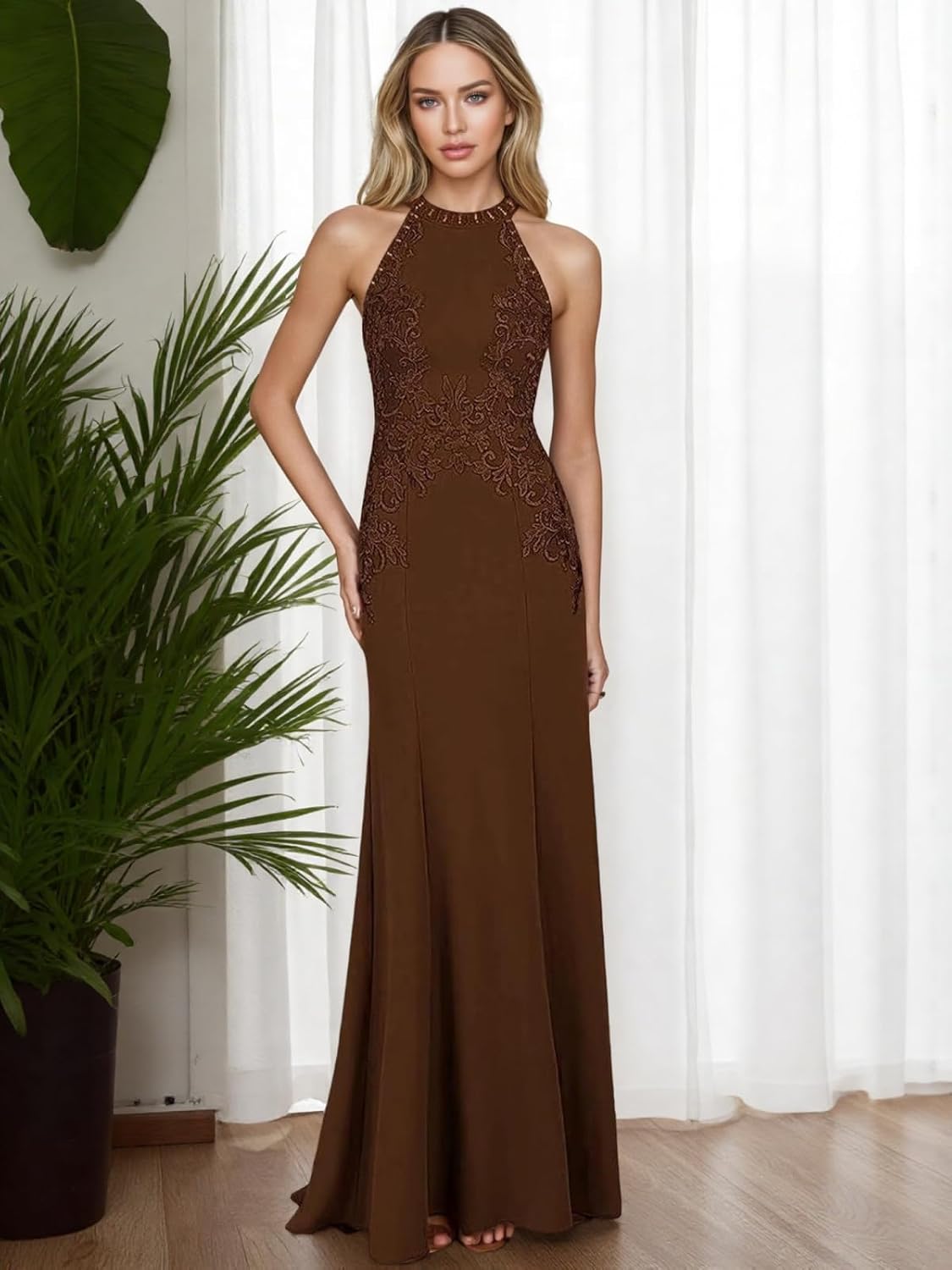 Mermaid Mother of The Bride Dresses Long Chiffon Halter Lace Formal Evening Gowns for Wedding Guest JH046 Dusty Rose