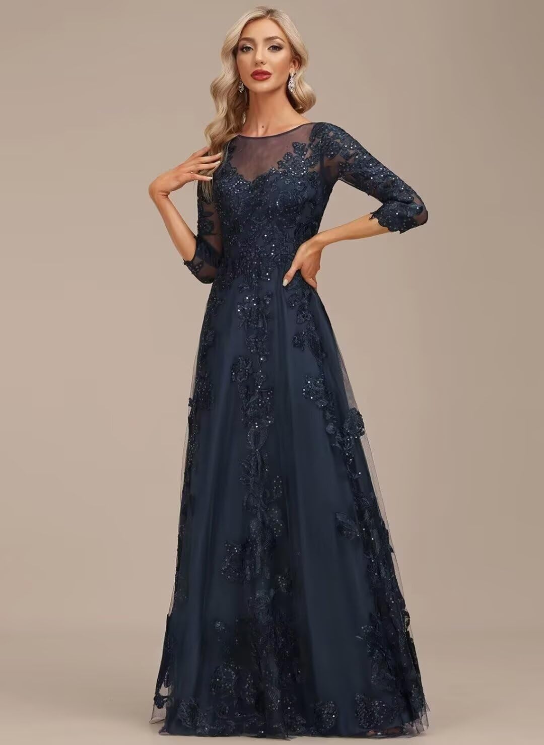 Lace Mother of the Bride Dress Long for Wedding Party Guest 3/4 Sleeves Formal Evening Gown JH028 Navy Blue