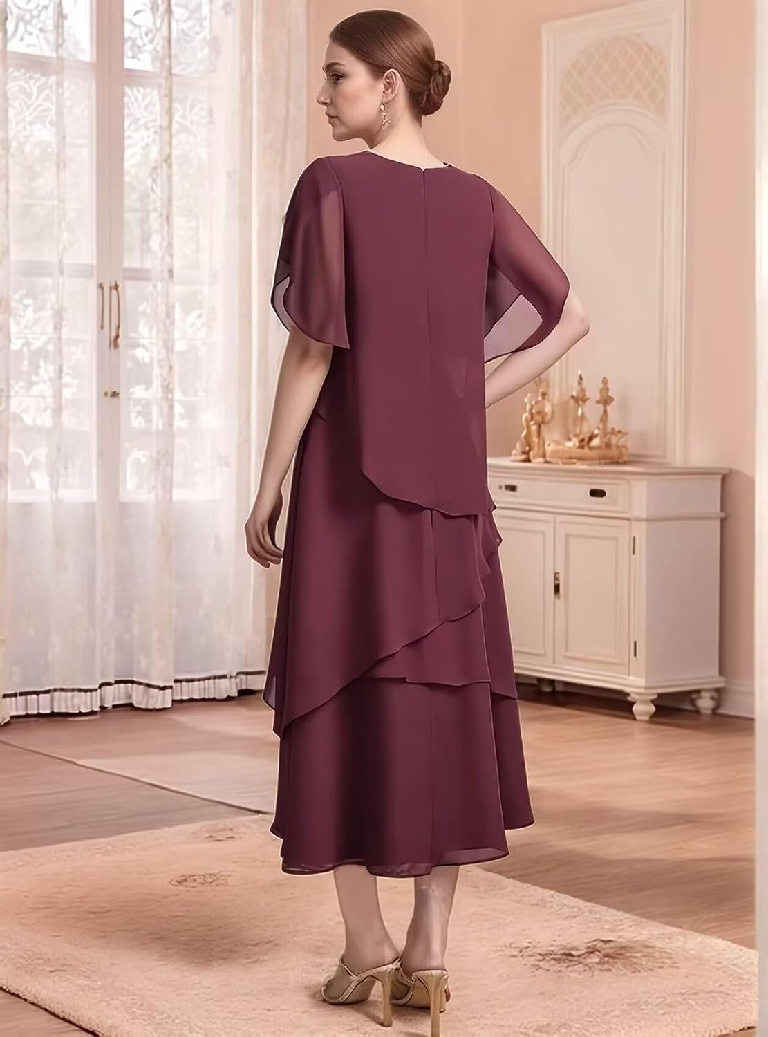 Chiffon Mother of The Bride Dresses for Wedding Guest Tea Length Tiered Formal Evening Gowns with Sleeves JH031