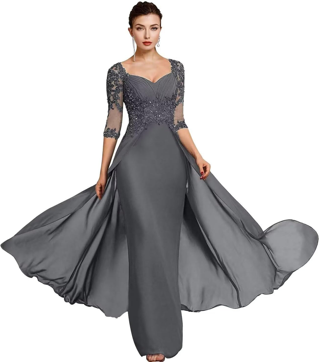 Mermaid Mother of The Bride Dresses 3/4 Sleeves Chiffon Beaded Formal Evening Gowns with Train JH024 Grey