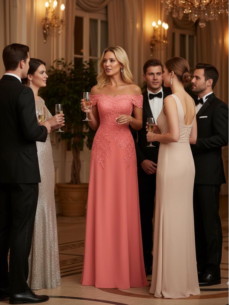 Dusty Blue Chiffon Mother of The Bride Dresses Long Lace Applique Off the Shoulder Formal Evening Gowns WT025 2