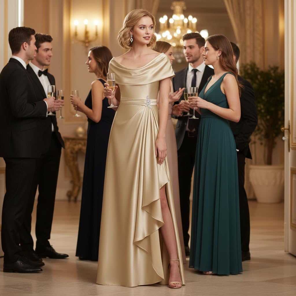 Emerald Green Satin Mother of The Bride Dresses Long Cape Sleeves Ruffle A Line Formal Evening Gowns with Slit WT022 2
