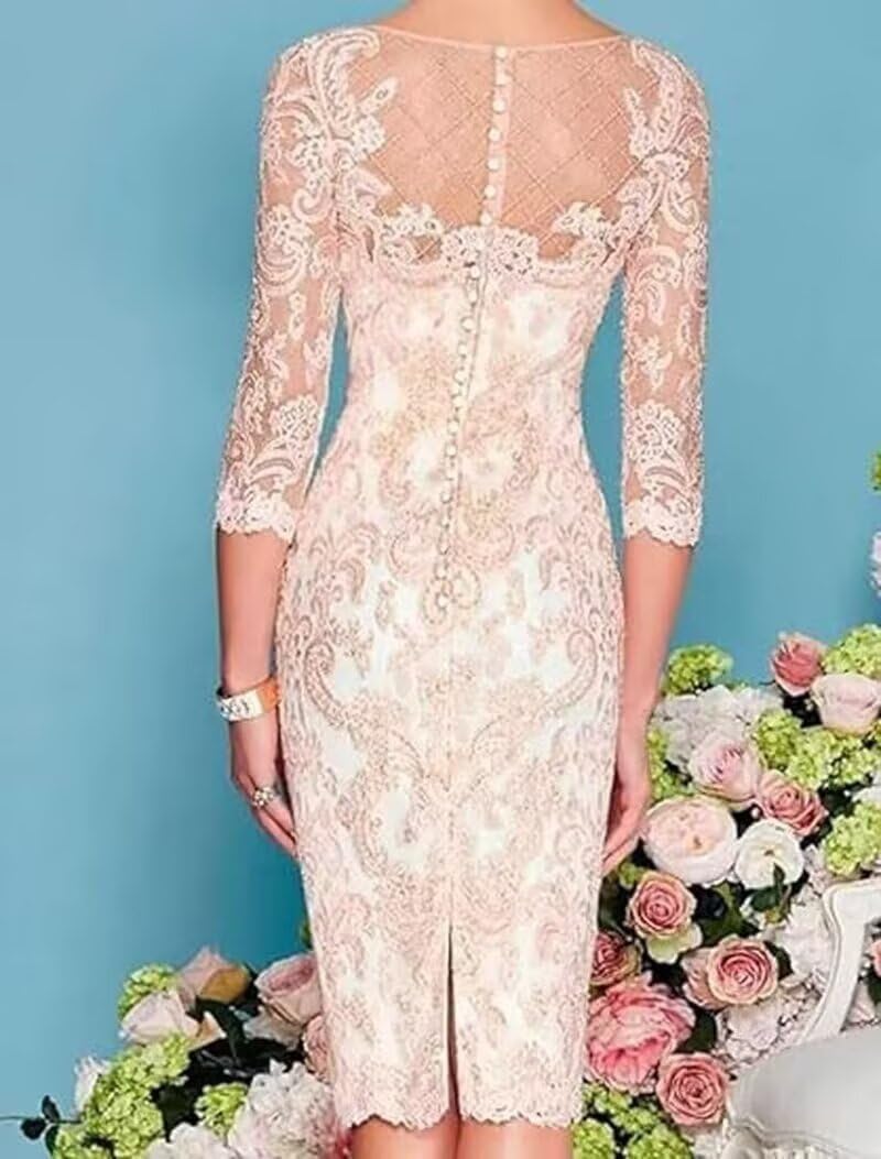 2 Pieces Mother of The Bride Dresses with Jacket Lace Applique 3/4 Sleeves Evening Gowns for Wedding Guest JH052 Champagne
