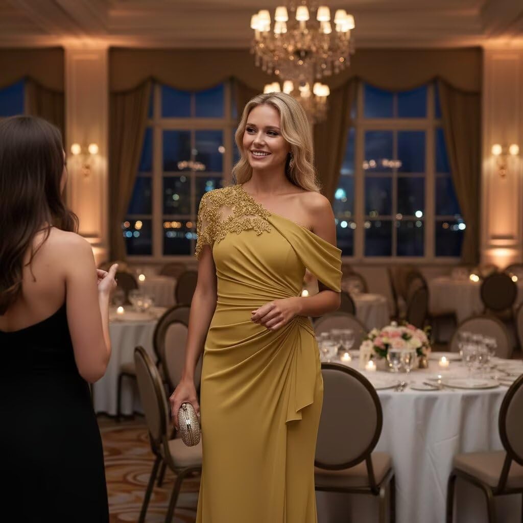 Burnt Orange One Shoulder Mother of The Bride Dresses Mermaid Chiffon Lace Applique Long Pleated Formal Evening Dress WT017 2