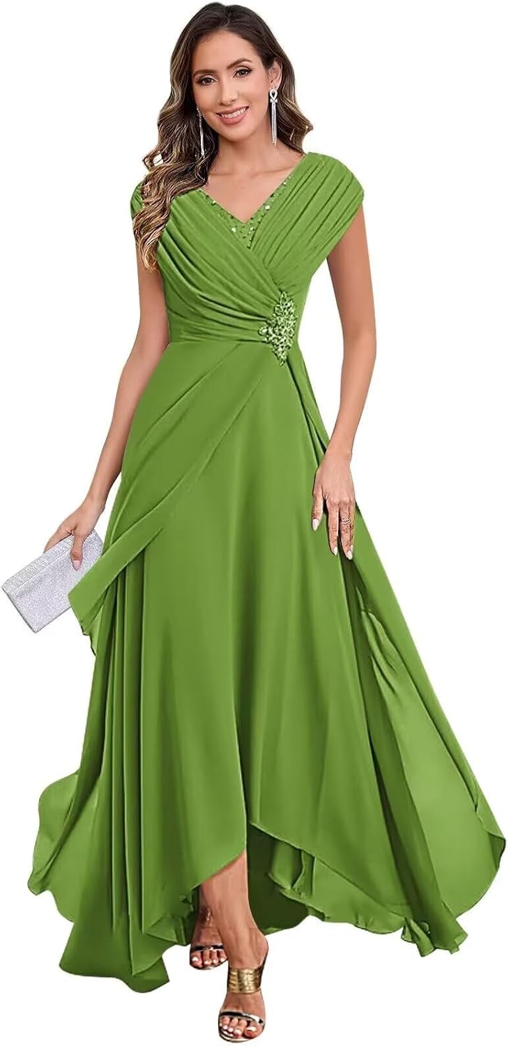 Chiffon Mother of The Bride Dress V-Neck Beading Sleeveless High Low Formal Evening Gowns for Wedding JH027 Dusty Blue