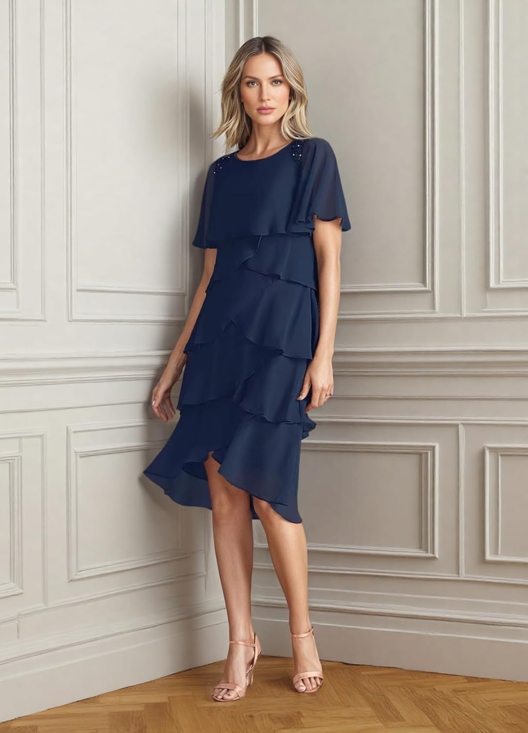 Tea Length Mother of The Bride Dresses for Wedding Guest Chiffon Tiered Evening Gowns with Sleeves JH035 Teal
