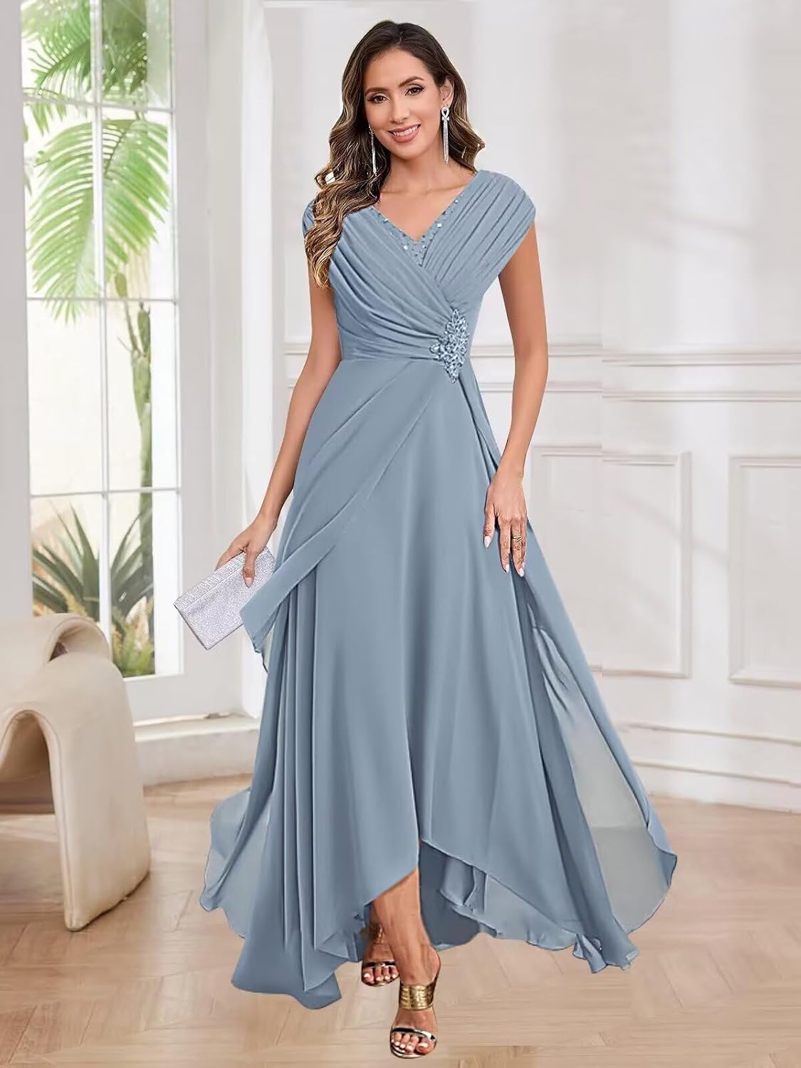 Chiffon Mother of The Bride Dress V-Neck Beading Sleeveless High Low Formal Evening Gowns for Wedding JH027 Dusty Blue