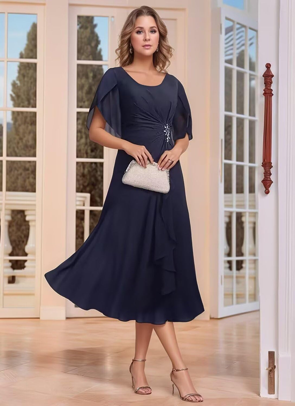 Tea Length Mother of The Bride Dresses for Wedding Chiffon Pleats Short Formal Evening Party Gown JH033 Navy Blue