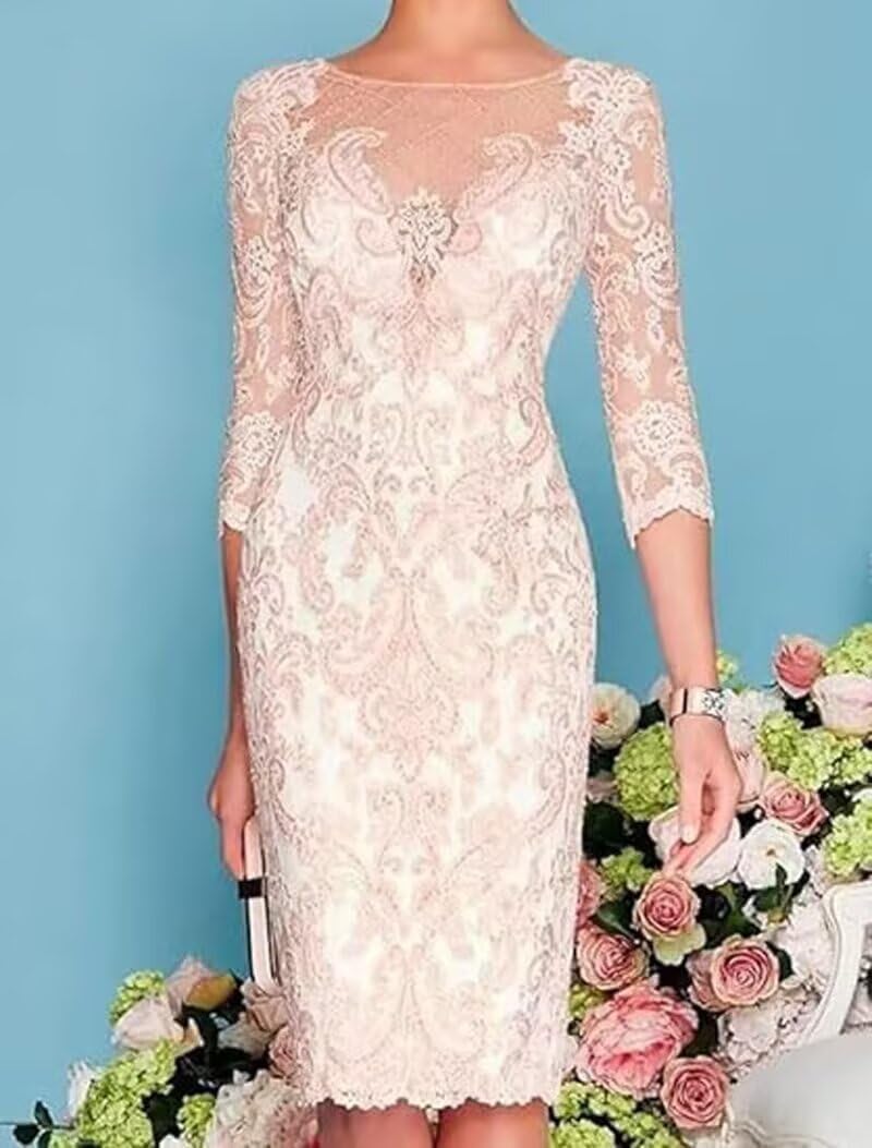 2 Pieces Mother of The Bride Dresses with Jacket Lace Applique 3/4 Sleeves Evening Gowns for Wedding Guest JH052 Champagne