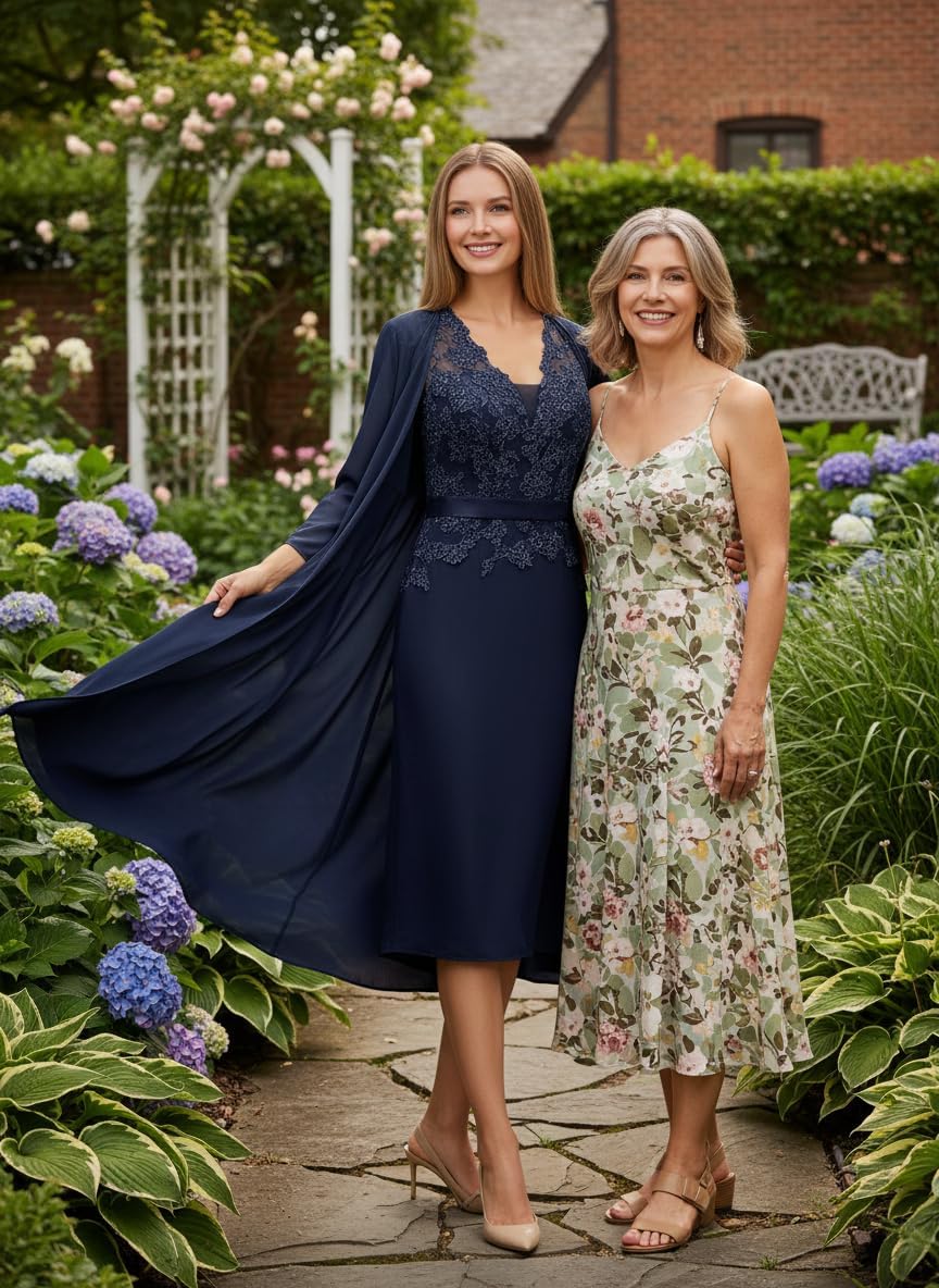 2 Piece Chiffon Mother of The Bride Dresses V Neck Lace Formal Evening Dress with Jacket WT005 Mauve