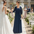 Burgundy 2 Piece Mother of The Bride Dresses 3/4 Sleeve Long Chiffon Lace Formal Evening Dress with Jacket WT016 2