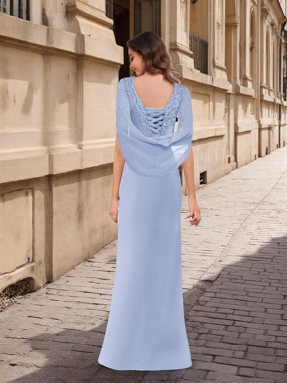 Mother of The Bride Dresses for Wedding Long Mermaid Ruched Chiffon Lace Formal Evening Gown with Cape JH030 Dusty Blue
