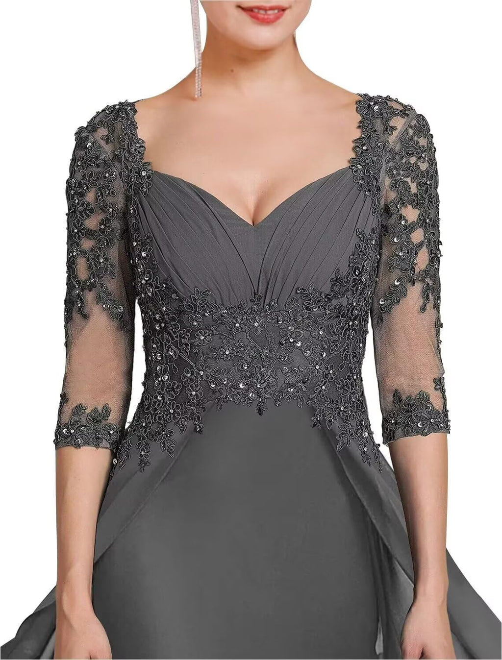 Mermaid Mother of The Bride Dresses 3/4 Sleeves Chiffon Beaded Formal Evening Gowns with Train JH024 Grey