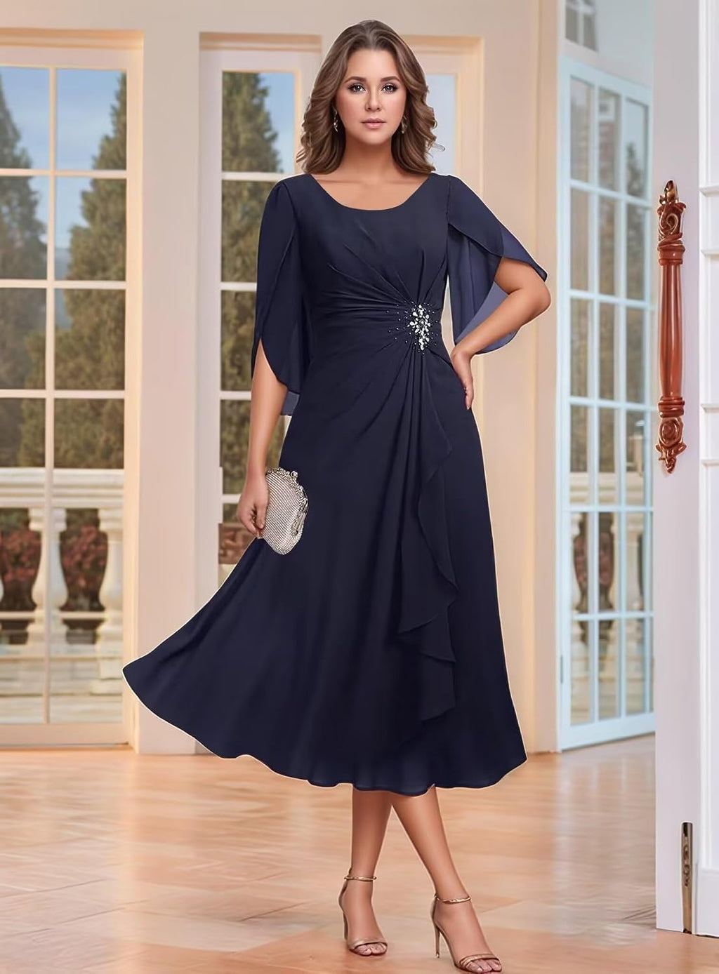 Tea Length Mother of The Bride Dresses for Wedding Chiffon Pleats Short Formal Evening Party Gown JH033 Navy Blue