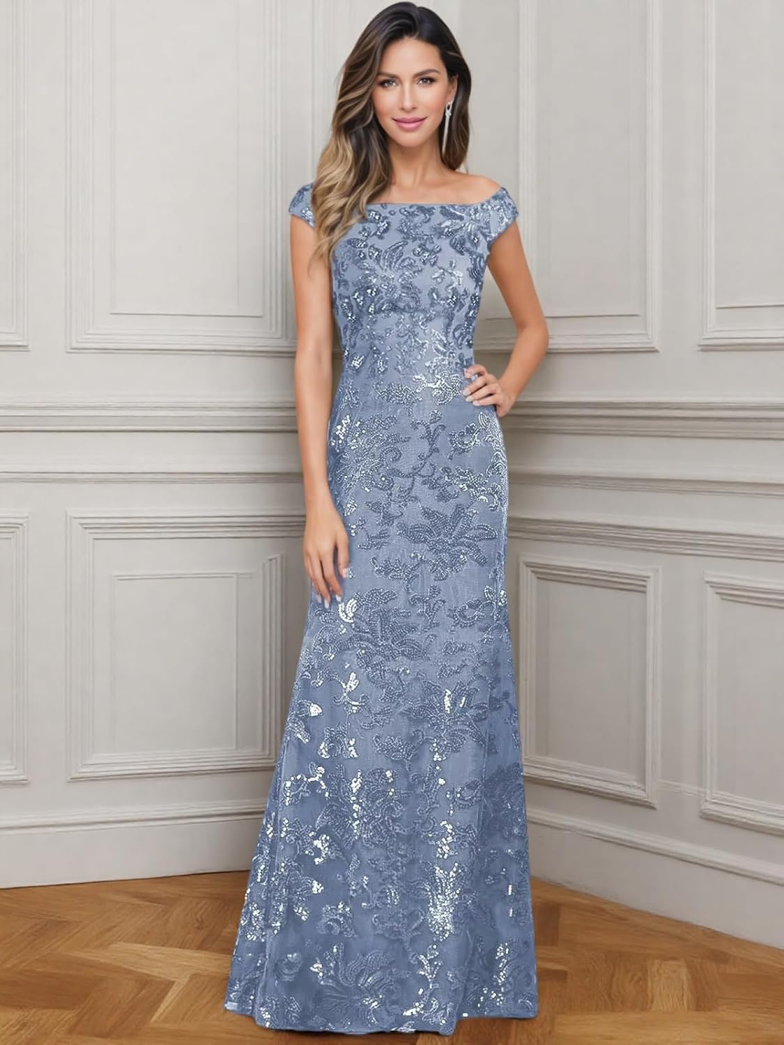 Sequin Mother of The Bride Dresses for Wedding Guest Off The Shoulder Evening Formal Dress JH037 Dusty Blue