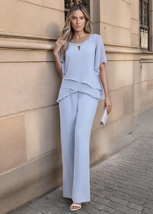 2 Pieces Mother of The Bride Pantsuits for Wedding Guest Chiffon Formal Women Dressy Outfit KW017 Dusty Blue