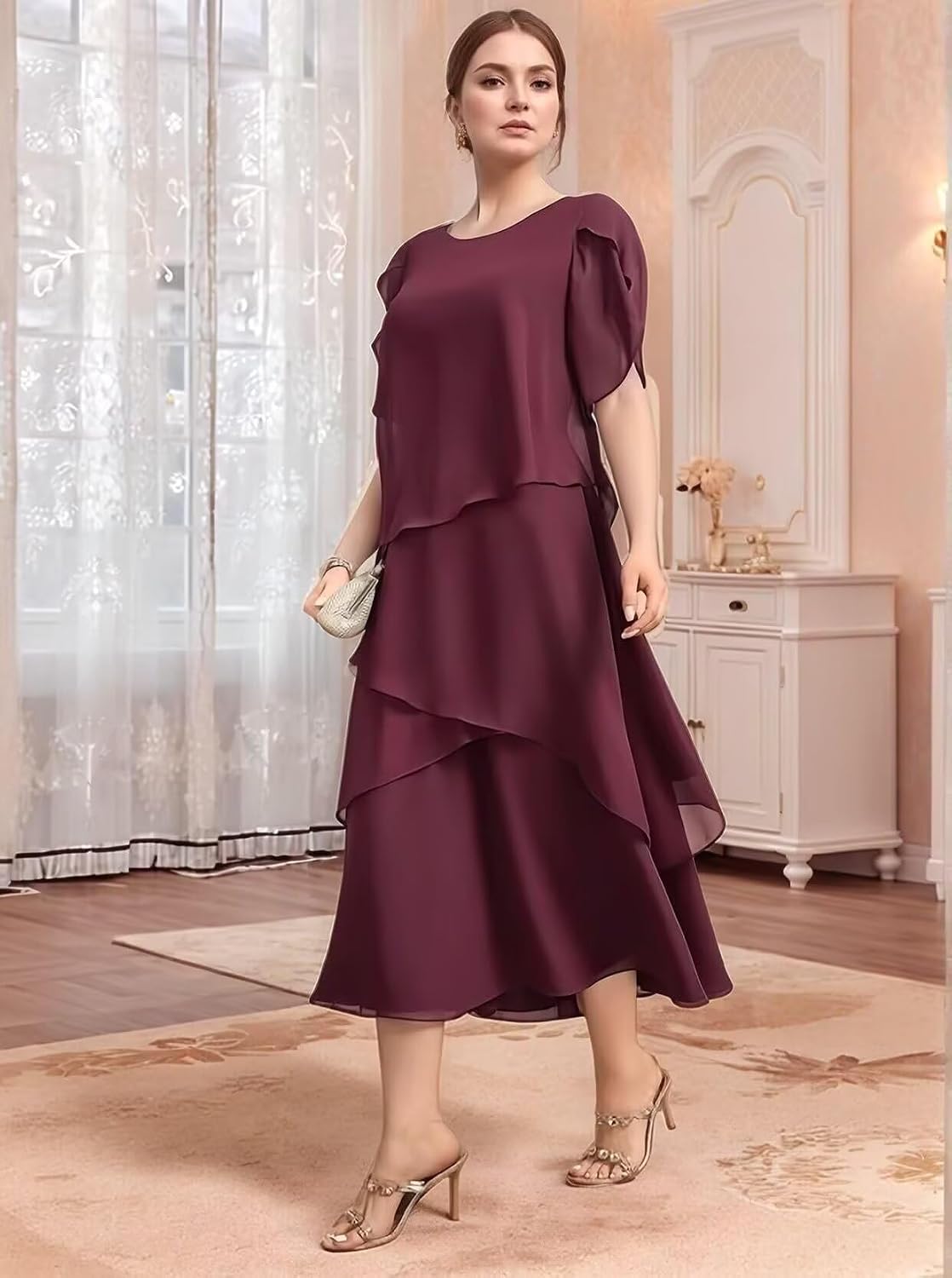 Chiffon Mother of The Bride Dresses for Wedding Guest Tea Length Tiered Formal Evening Gowns with Sleeves JH031