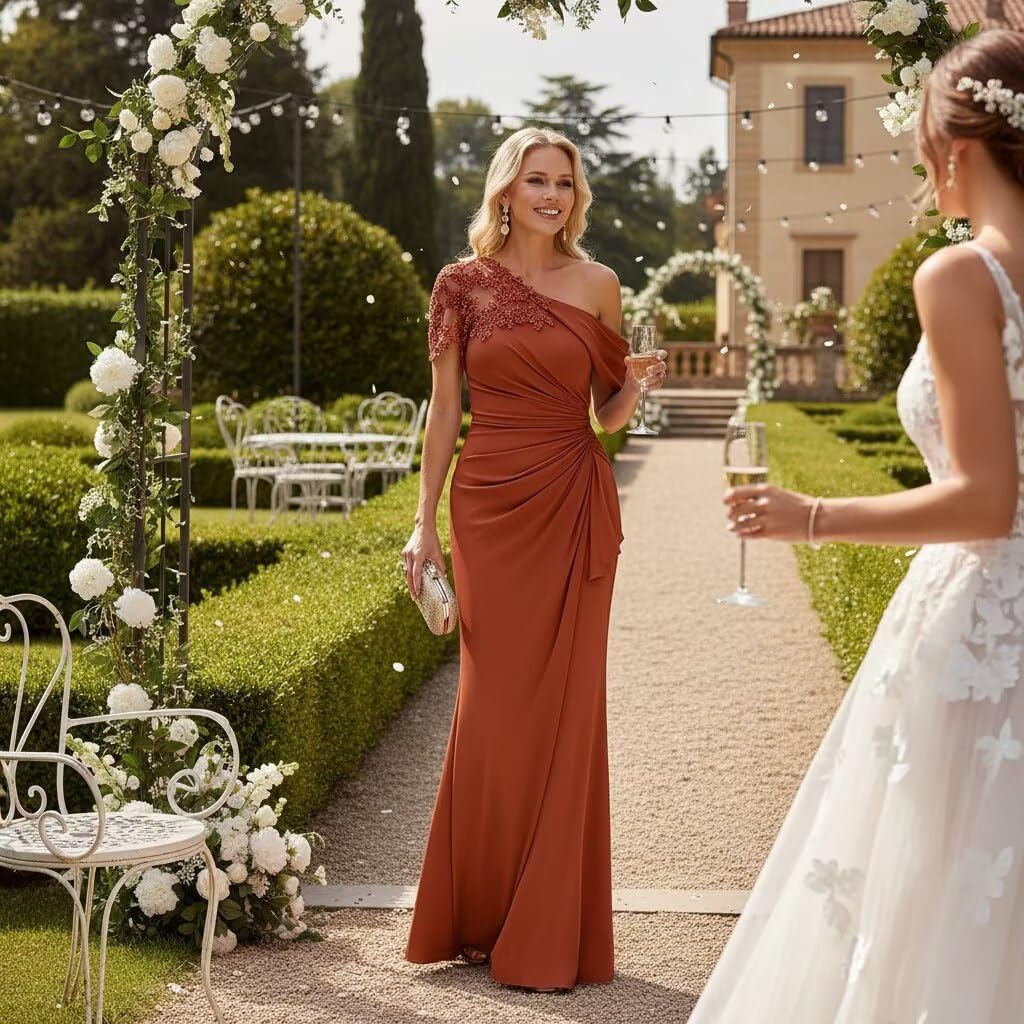 Burnt Orange One Shoulder Mother of The Bride Dresses Mermaid Chiffon Lace Applique Long Pleated Formal Evening Dress WT017 2