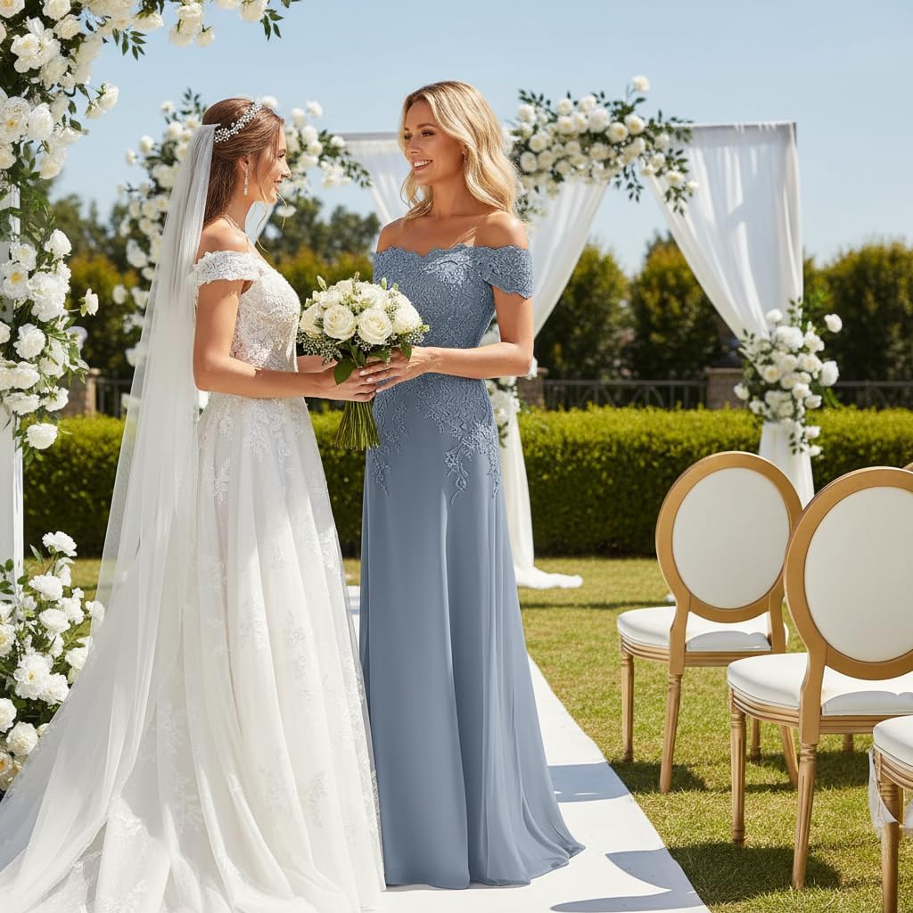 Dusty Blue Chiffon Mother of The Bride Dresses Long Lace Applique Off the Shoulder Formal Evening Gowns WT025 2